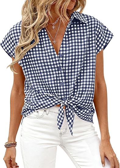 Womens Short Sleeve Shirts Plaid Button Down Blouse Dressy Casual 2026 Summer Spring Business Gingham Work Tops