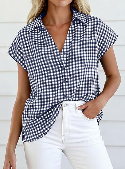 Womens Short Sleeve Shirts Plaid Button Down Blouse Dressy Casual 2026 Summer Spring Business Gingham Work Tops