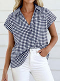 Womens Short Sleeve Shirts Plaid Button Down Blouse Dressy Casual 2026 Summer Spring Business Gingham Work Tops